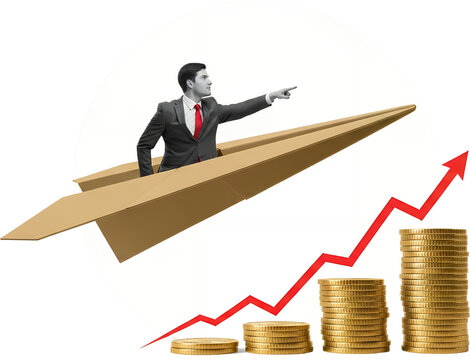 Businessman in a suit rides a paper airplane forward symbolizing progress with stacked coins and an upward trending graph collage art growth success finance