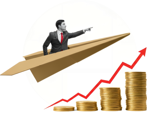 Businessman in a suit rides a paper airplane forward symbolizing progress with stacked coins and an upward trending graph collage art growth success finance