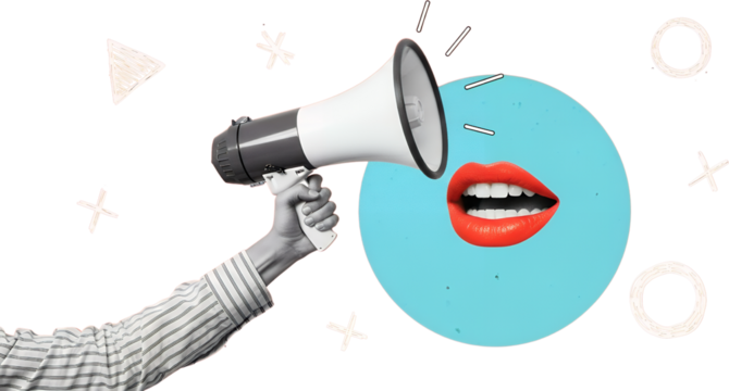 A Hand Holding A Megaphone Broadcasts A Message Through An Open Mouth Surrounded By Abstract Shapes On A Transparent Background Collage Art Announcement Speaking - Powered by Adobe