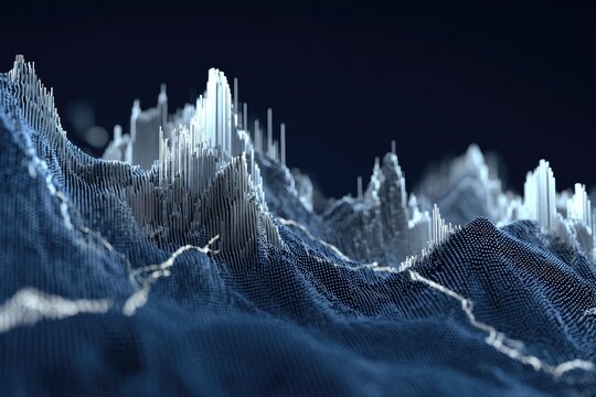 3D data visualization depicting a topographical landscape, rendered with white and blue hues