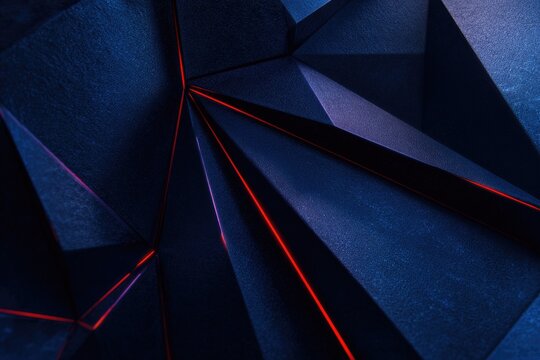 Abstract geometric composition with sharp angles, deep blues, and vibrant red accent lines