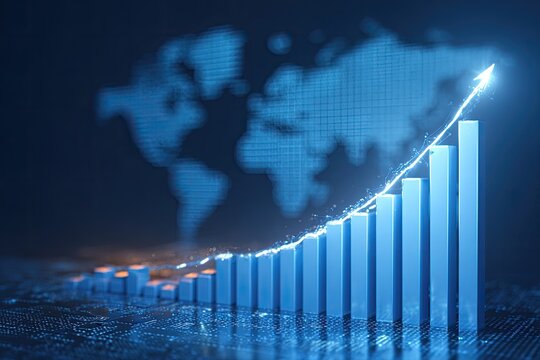 Bar graph with illuminated line shows business growth, against digital world map