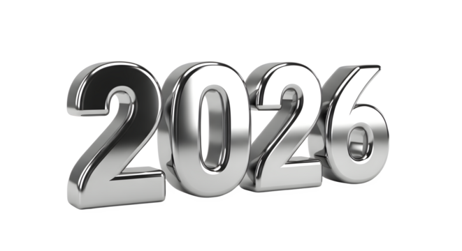 Silver numerals 2026 (3d rendered) isolated on transparent background