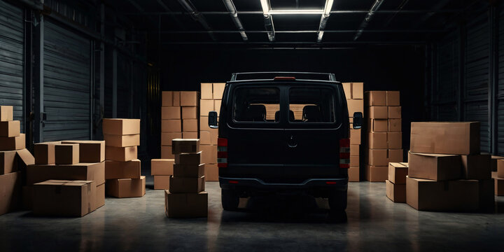 A dark delivery van is surrounded by numerous cardboard boxes, stacked high on a dark background, symbolizing logistics and shipping - Powered by Adobe
