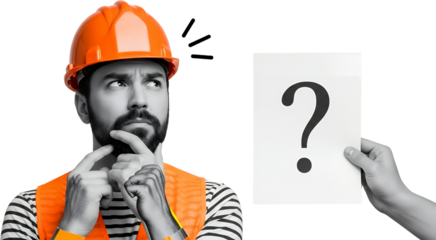 Construction worker wearing an orange hard hat and vest thoughtfully stroking his beard with fingers to his chin while another hand holds a paper with a large question mark
