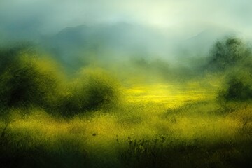 Naklejka premium Abstract landscape painting with vibrant yellow field and misty mountains