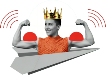 Person wearing a golden crown flexing muscular arms inside a paper airplane with signal waves emanating outwards collage art King Queen Royalty Power Strength