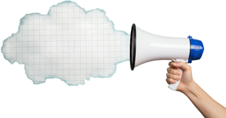 White megaphone in hand emitting a grid patterned cloud shape symbolizing communication and information dissemination collage art announcement speech bubble