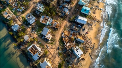 Aerial view of a coastal comm devastated by a hurricane showing destroyed houses and debris scattered along the beach