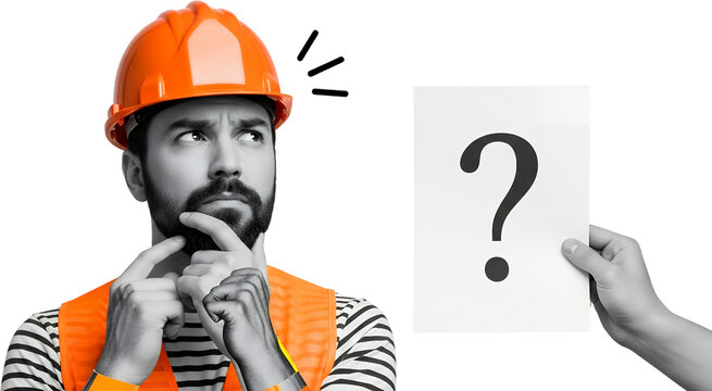 Construction worker wearing an orange hard hat and vest thoughtfully stroking his beard with fingers to his chin while another hand holds a paper with a large question mark