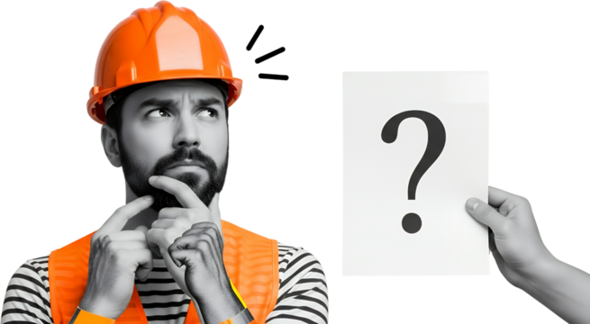 Construction worker wearing an orange hard hat and vest thoughtfully stroking his beard with fingers to his chin while another hand holds a paper with a large question mark