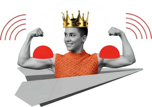 Person wearing a golden crown flexing muscular arms inside a paper airplane with signal waves emanating outwards collage art King Queen Royalty Power Strength