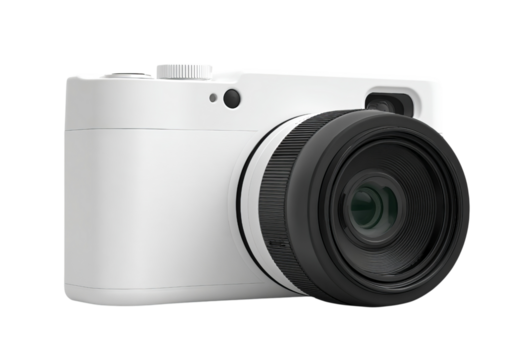 White digital camera with black lens isolated on a transparent background
