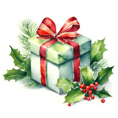 Watercolor painting of a green Christmas gift with a red ribbon on a white background, with holly and red berries. Perfect for holiday cards, xmas decor and seasonal artwork.