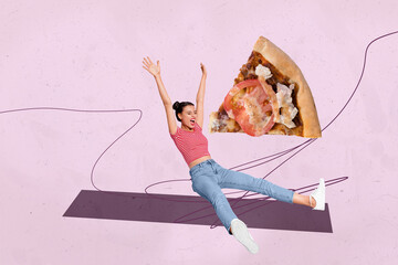 Pop art collage of person sit have fun with slice pizza on pink background