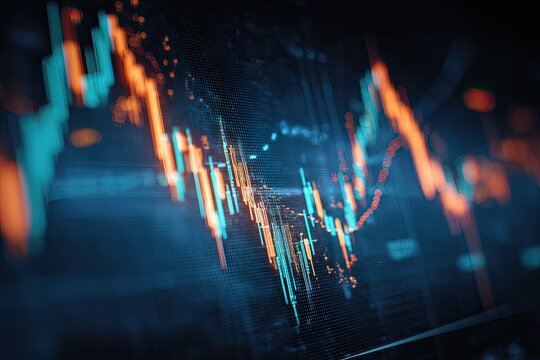 Macro view of a data chart showing financial trends. Bright orange and turquoise lines contrast against a dark background