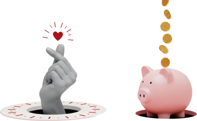 A hand forms a heart shape with fingers while gold coins drop into a pink piggy bank symbolizing saving and love collage money finance investment wealth
