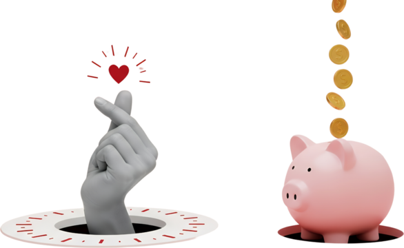 A hand forms a heart shape with fingers while gold coins drop into a pink piggy bank symbolizing saving and love collage money finance investment wealth - Powered by Adobe