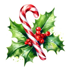 Watercolor christmas red and white candy cane, and holly on a white background