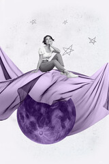 Vertical 3d poster art collage of happy girl guy stand space galaxy moon planet cosmos discovery...