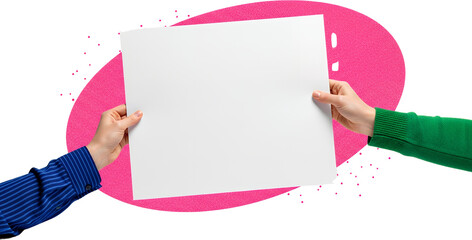 Two hands presenting a blank white paper sheet against a vibrant pink abstract background with scattered small dots collage art holding creative copy space
