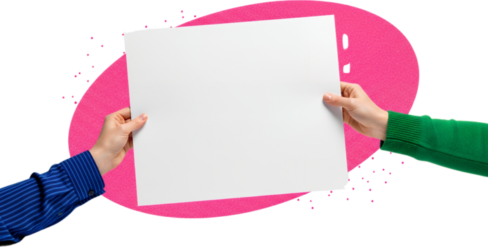 Two hands presenting a blank white paper sheet against a vibrant pink abstract background with scattered small dots collage art holding creative copy space