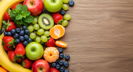 A vibrant assortment of fresh fruits, including apples, berries, and citrus, arranged on a wooden surface.