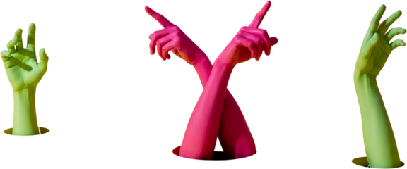 Three disembodied arms two bright pink and one bright green emerging from holes and gesturing with fingers pointed upwards collage art Hands Pointing Colorful
