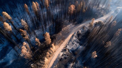 Aerial view of a forest devastated by wildfire showing charred trees and a dirt road