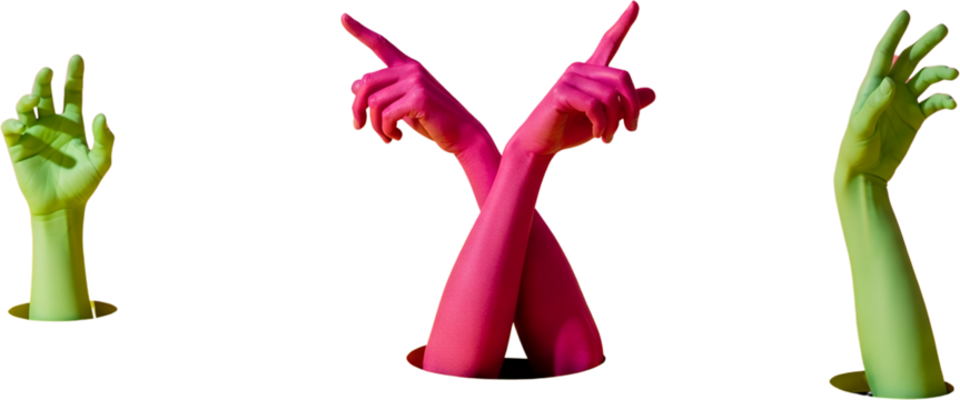 Three disembodied arms two bright pink and one bright green emerging from holes and gesturing with fingers pointed upwards collage art Hands Pointing Colorful