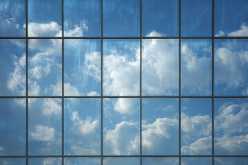 A window's grid frames a vibrant sky filled with fluffy white clouds reflecting a beautiful day