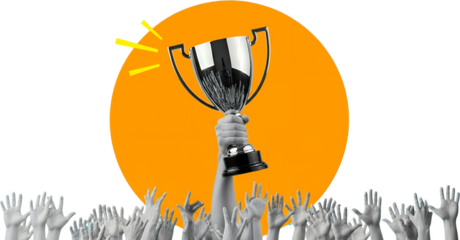 A hand holds up a silver trophy against an orange circle many raised hands emerge from the bottom collage art Victory Success Award Celebration Winning
