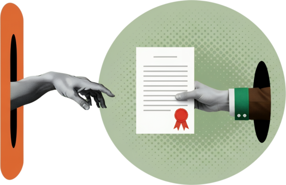 Two hands reaching across a void to exchange a document with a red seal symbolizing agreement and contract collage art Handshake Transfer Certificate Legal