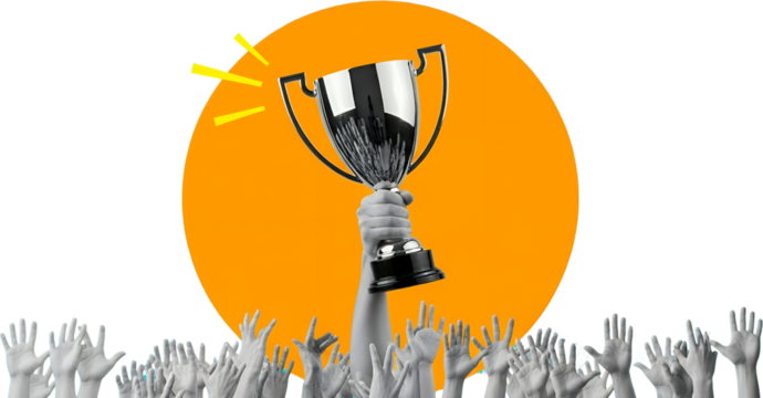 A hand holds up a silver trophy against an orange circle many raised hands emerge from the bottom collage art Victory Success Award Celebration Winning