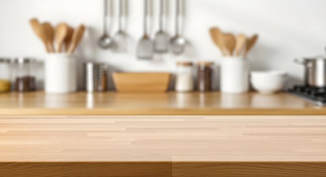Empty wooden kitchen countertop with blurred background of utensils and jars.