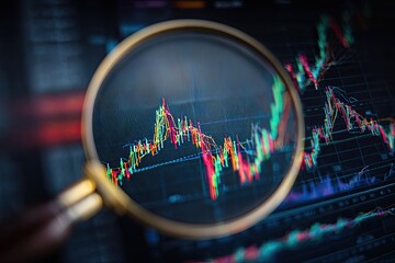 Close-up of a magnifying glass analyzing a colorful stock market graph on a digital display