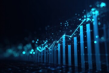 Digital abstract rendering of upward trends. Glowing line over bar graph, dark blue backdrop
