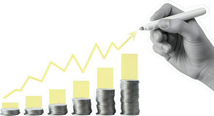 A hand drawing an upward trend line over stacked coins and yellow bar graph elements symbolizing financial growth collage art finance money investment