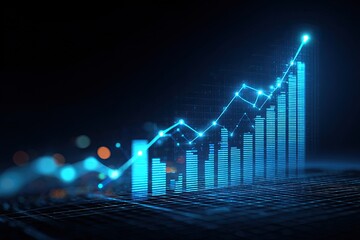 Digitized illustration of a glowing blue graph showcasing upward trend with bars and line