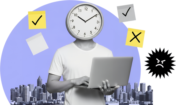 Person with clock face holding laptop surrounded by sticky notes and abstract angry symbol against a cityscape backdrop collage art time work deadline - Powered by Adobe