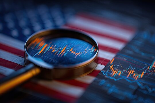 Magnifying glass over a chart reflecting the USA flag as a backdrop. Finance concept