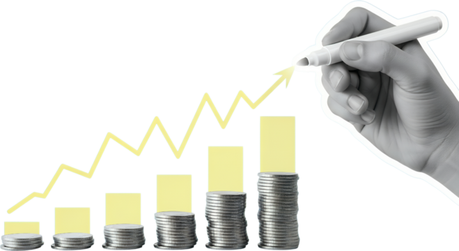 A hand drawing an upward trend line over stacked coins and yellow bar graph elements symbolizing financial growth collage art finance money investment