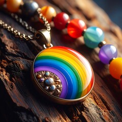 Obraz premium Close-up of a vibrant rainbow pendant necklace and beaded strand on wood