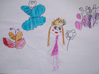Colorful childs drawing featuring a girl with a crown, holding a flower, surrounded by butterflies and flowers, showcasing creativity and imagination in a playful artistic expression