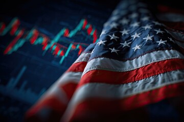 The American flag, a symbol of the U.S., is in front of a graph of market data