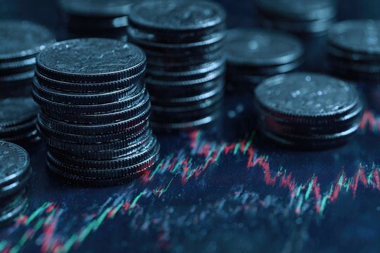 Close-up shot of coin stacks with a red/green fluctuating line chart background