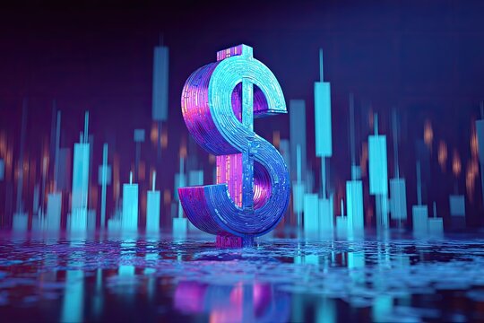 A neon dollar sign, centered, atop a reflective surface, with bar graphs in the background