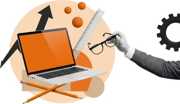 A laptop with an orange screen rests on a light brown circle next to crossed pencils and an upward pointing arrow with a hand holding glasses and a gear
