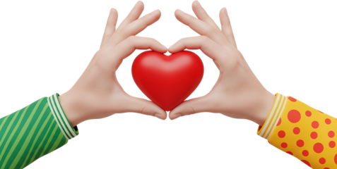 Two hands gently hold a vibrant red heart fingers touching to form a heart shape symbolizing love and connection transparent background collage emotion
