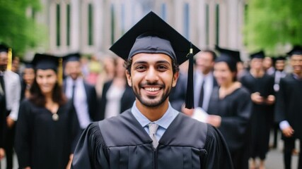 A joyful graduate in cap and gown smiles at the camera. Captured at eye level, this video still conveys achievement and celebration.